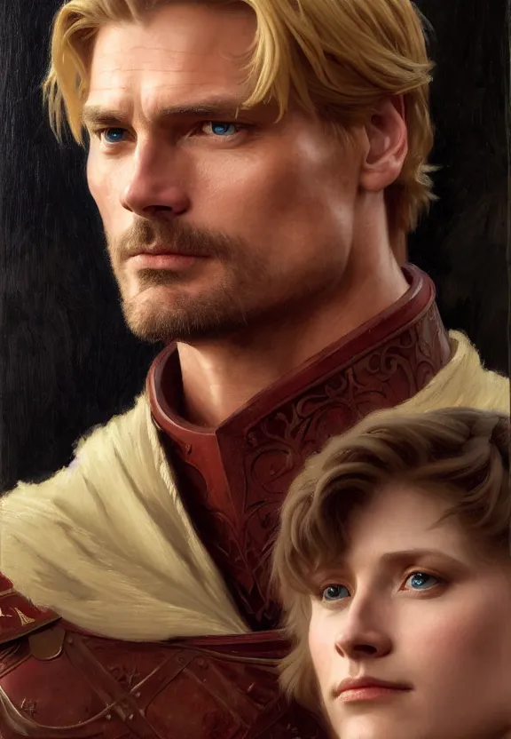 Image similar to attractive handsome fully clothed jaime lannister confesses his love for attractive fully armored brienne of tarth. centered composition. highly detailed painting by gaston bussiere and j. c. leyendecker and william adolphe bouguereau and fra angelico and octane render, musee d'orsay 8 k