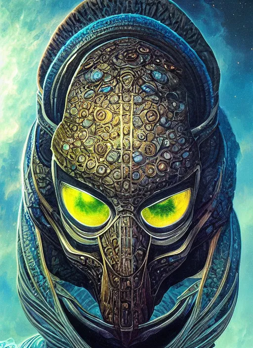 Image similar to spaceship mf doom reptile eyes, cosmic lsd poster art, intricate, elegant, highly detailed, centered, digital painting, artstation, concept art, smooth, sharp focus, illustration, artgerm, tomasz alen kopera, peter mohrbacher, donato giancola, joseph christian leyendecker, wlop, frank frazetta