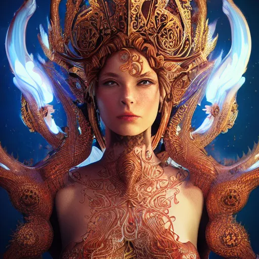 Prompt: princess of fire, godly, beautiful, intricate, hyper detailed, octane, 4 k