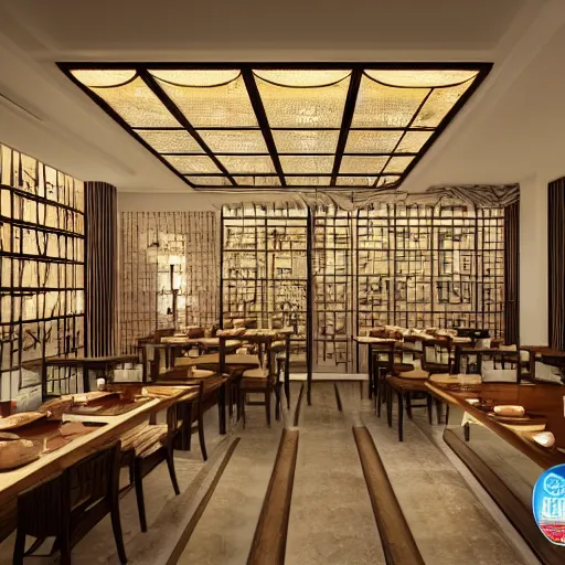 Image similar to a beautiful hyperdetailed interior render of roasted string hotpot restaurant restaurant yan'an, wall corner, from china, with merchant logo, fine delicate structure, chinese style, simple composition, simple style structure decoration design, victo ngai, 4 k hd