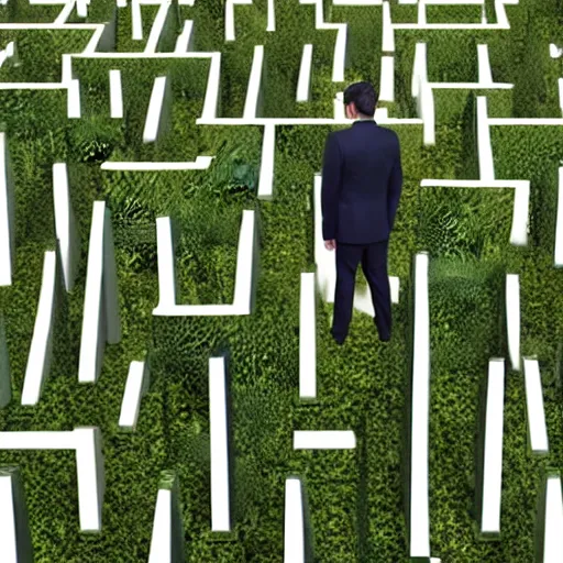Image similar to highly realistic 3 d rendering of a brunette businessman standing in a maze of cubicles with olive green carpet