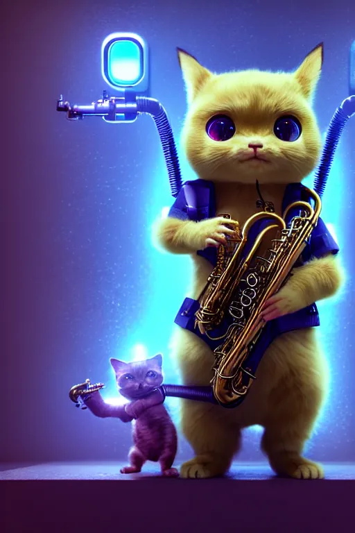 Image similar to high quality 3 d render very cute cyborg! cat plays saxophone, cyberpunk highly detailed, unreal engine cinematic smooth, in the style of blade runner & detective pikachu, hannah yata charlie immer, moody light, low angle, uhd 8 k, sharp focus