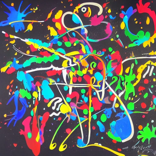 Image similar to masterpiece, black background, psychedelic therapy, artwork by joan miro, trending on ArtStation, ink splatters, pen lines, incredible detail, creative, positive energy, happy, unique, negative space, face, artgerm