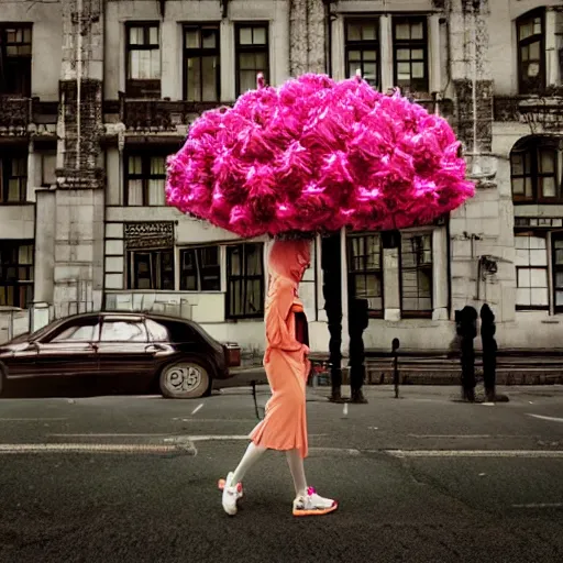 Image similar to giant rhododendron flower head, woman walking through city, surreal photography, cinema, realistic, symmetry, detailed, retro, wes anderson