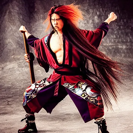 Image similar to Demon, yokai, kung fu, wuxia, xianxia, glam metal hair, Jiang sword, wild hair, 1983 cinematic, live action