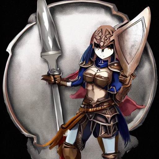 Image similar to Anime Heroic female kobold paladin in plate armor holding up a sword in triumph