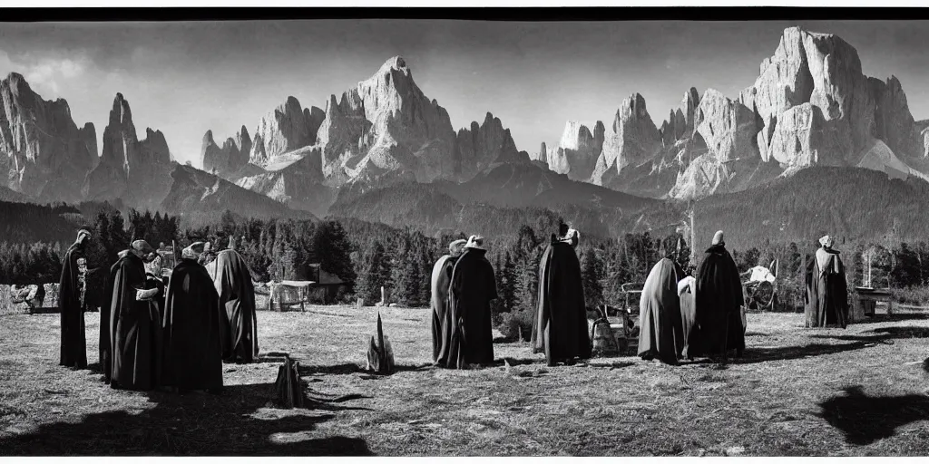 Prompt: 1920s photography of an occult ceremony and priests with hay coats and horns meeting with dolomites in the background, occult signs, wicca, alp, dolomites, alpine, detailed intricate insanely detailed octane render, 8k artistic 1920s photography, photorealistic, black and white, chiaroscuro, hd, by David Cronenberg, Raphael, Caravaggio