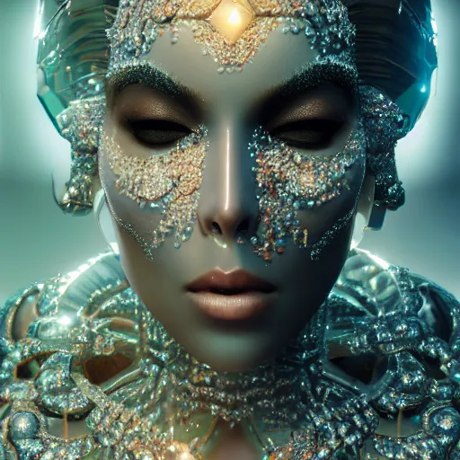 Image similar to full body detailed, ethereal, biomechanical, covered in diamonds and other gems glowing, highly detailed face, elegant posed, intricate, extremy detailed, beeple, cgsociety, 3 d unreal engine octane render. cinematic lighting, highly detailed 4 k art