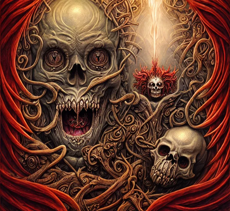 Prompt: A beautiful detailed grotesque monster super cute tarot card, by tomasz alen kopera and Justin Gerard, symmetrical features, ominous, magical realism, texture, intricate, ornate, royally decorated, skull, skeleton, whirling smoke, embers, red adornements, red torn fabric, radiant colors, fantasy, trending on artstation, volumetric lighting, micro details, 3d sculpture, ray tracing, 8k, anaglyph effect, digital art