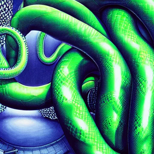 Prompt: 3 d, close - up, fashion model in a blue factory worker's overalls face looking down at the floor eyes sad tentacles instead of hands, green snakes background, soft light, smooth face feature, intricate oil painting, high detail illustration, sharp high detail, manga and anime 1 9 9 9