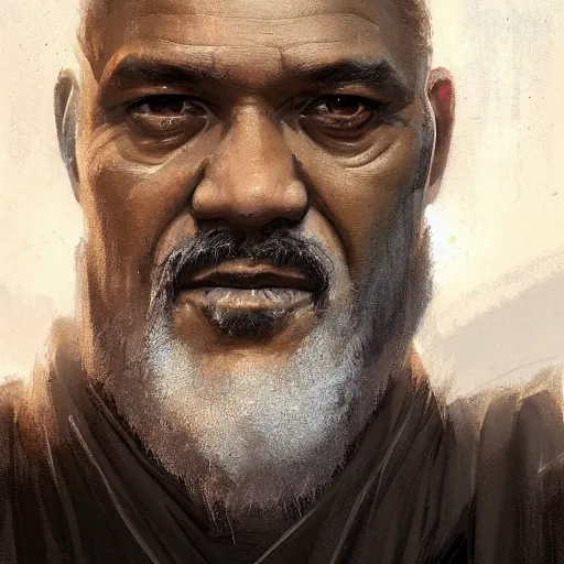 Image similar to portrait of a man by greg rutkowski, old jedi master, black, he looks like laurence fishbourne, star wars expanded universe, he is about 6 0 years old, wearing jedi robes, highly detailed portrait, digital painting, artstation, concept art, smooth, sharp foccus ilustration, artstation hq