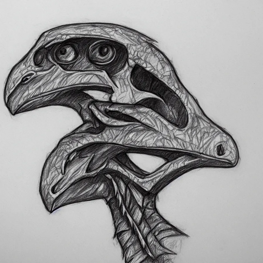 Image similar to pencil sketch of a stylized velociraptor skull