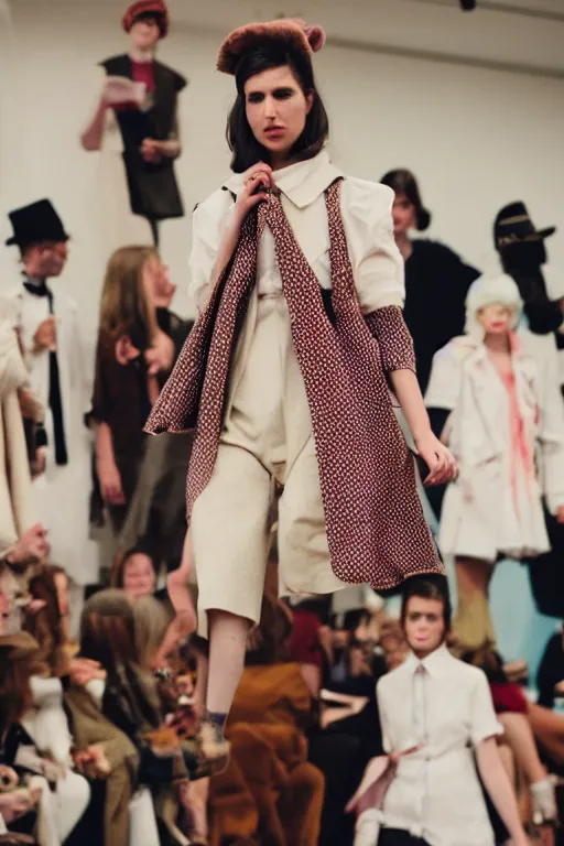 Prompt: Wes Anderson inspired fashion show, Catwalk, Photography, Vogue, Nikon, 50mm, f/1.2. Realism. Epic. Dreamy.