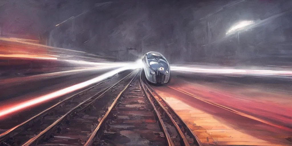 Image similar to highly detailed painting of powerful futuristic streamline train speeding. romanticism. extreme speed with headlight shining brightly into the fog. dramatic lighting. motion streaks.. vanishing point.