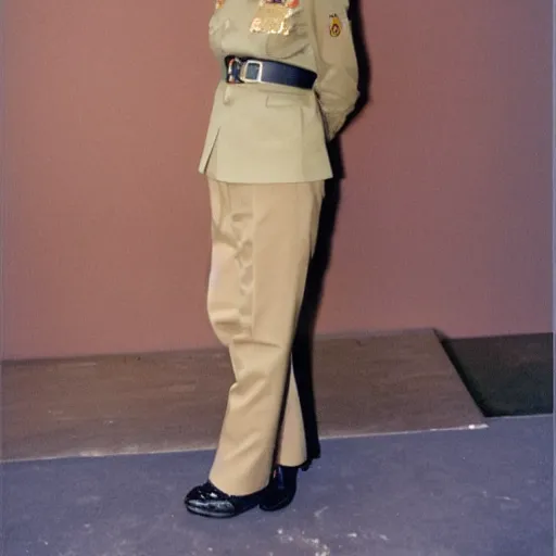 Image similar to Tracey Thorn as a North Korean officer, full body shot, 35mm film