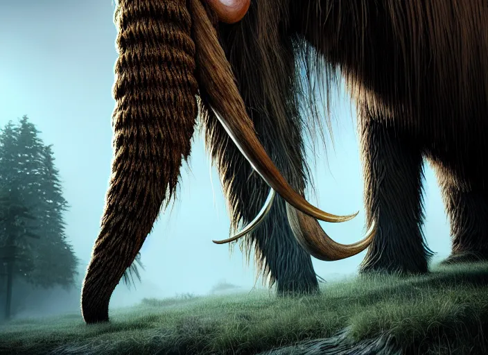 Image similar to hyperrealism, detailed textures, photorealistic, 3 d render, a surreal mystical wooly mammoth grazing, ultra realistic cinematic, intricate, cinematic light, concept art, illustration, art station, unreal engine