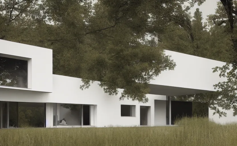 Prompt: a wide angle exterior shot of a white architecture house by peter zumthor painted by greg ruthkowski and craig mullins, cinematic and atmospheric lighting, archviz, archdaily, vray, render
