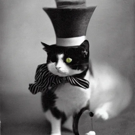 Prompt: a yellow cat with a top hat and a monocle!!, vintage photo