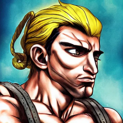 Image similar to handsome portrait of a spartan guy bodybuilder posing, radiant light, caustics, war hero, style of vento aureo cover art, style of stone ocean cover art, style of steel ball run cover art, ilya kuvishinov style, illustrated by hirohhiko araki