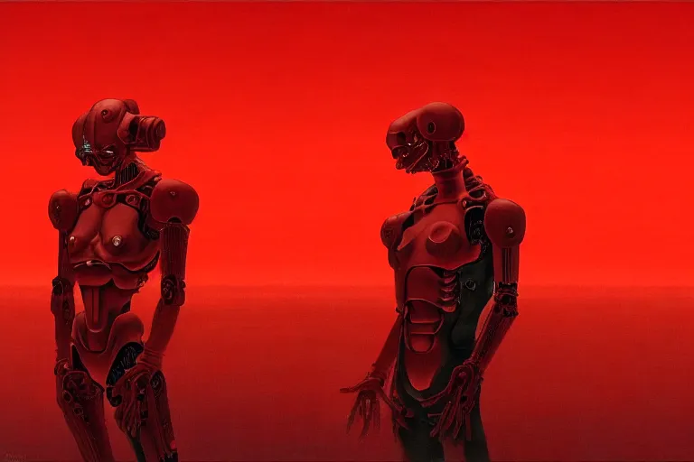 Image similar to only with red, a red cyborg samurai, tokio futuristic in background, some evil yokai, in the style of beksinski, parts by edward hopper, parts by rodcenko, parts by yue minjun, intricate and epic composition, red by caravaggio, insanely quality, highly detailed, masterpiece, red light, artstation, 4 k