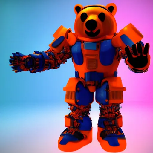 Image similar to A bear in orange and blue cyber armor facing you