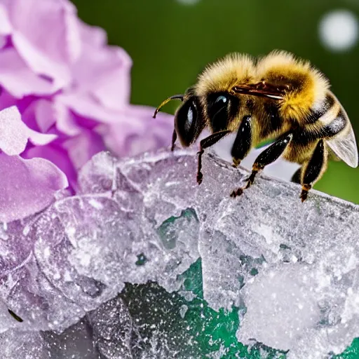Prompt: a bee finding a beautiful flower, entrapped in ice, only snow in the background, beautiful macro photography, warm ambient light