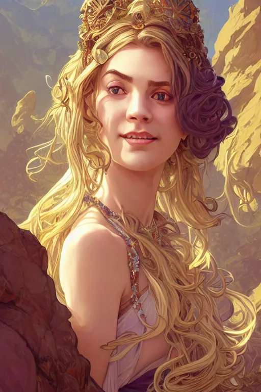 Image similar to portrait of a stern female traveler, looking at camera, D&D, stylish attire, very long flowing hair, intricate, elegant, stylish, cute smile, fantasy, extremely detailed, digital painting, artstation, concept art, smooth, sharp focus, illustration, ambient lighting, art by artgerm and greg rutkowski and alphonse mucha and simon stalenhag