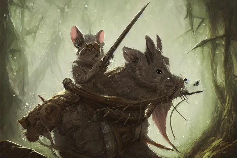 Image similar to dungeons and dragons fantasy painting, portrait of an ashigaru mouse with a rifle, whimsical and cute, determined expression, watery eyes, anime inspired by krenz cushart, light grey fur, tufty whiskers, bamboo forest, dawn lighting, by brian froud jessica rossier and greg rutkowski