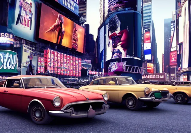 Prompt: vintage cars in times square, grand theft auto, photorealistic hyperdetailed 3 d matte painting, hyperrealistic, cinematic, unrealengine octane render,