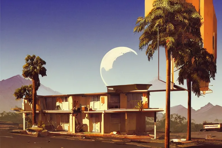 Image similar to broken robot | abandoned motel | palm trees | snowy mountains | moon in sky, painting by syd mead and weta studio and moebius and james jean and frank frazetta, highly detailed, rule of third, soft lighting, architectural magazine, beautiful detailed, insanely intricate details, artstation trending, hypermaximalistic, high details, cinematic