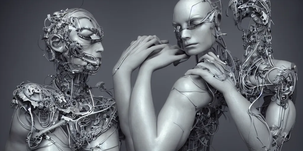 Prompt: hyper realistic photography of a stunningly beautiful cyborg female, circuitry, elbow, chest, intimate, holding close, hands, in the style of beth cavener, jin kagetsu,, and wlop, highly detailed, intricate filigree, masterpiece, award winning, sharp focus, concept art, ringflash lighting, ambient lighting, octane render, 8 k, artstation