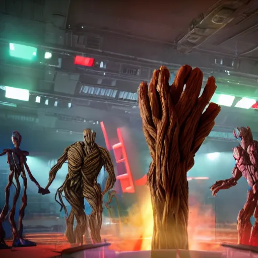 Image similar to groot and optimus prime in techno party among people dancing, wide shoot, after effect ultra realistic 3 d