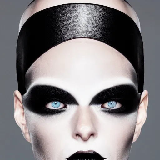 Prompt: close up of face from a fashion model with edgy black Thierry Mugler dress in circuit style, official Thierry Mugler editorial, fall-winter 2015-2016, highly detailed