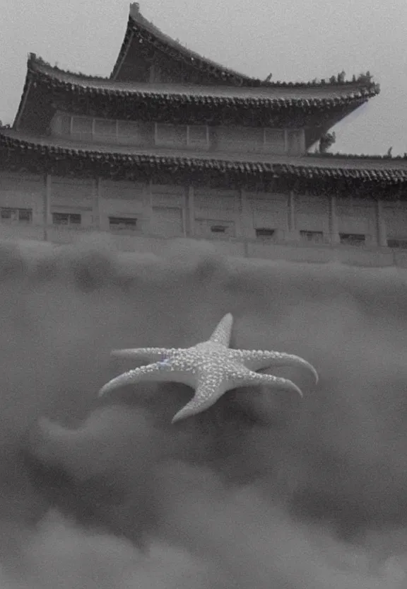 Image similar to a filmstill of a north korean monster movie, kaiju - eiga monster starfish - like trampling a traditional korean palace, foggy, film noir, video compression