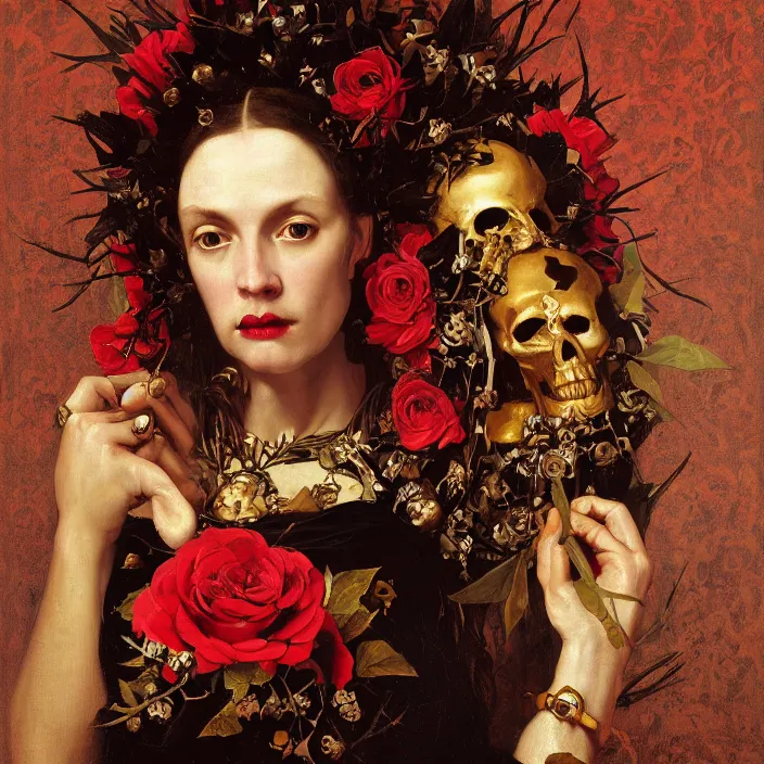 Image similar to portrait of a woman with a golden skull mask on face, a wreath of thorns, a dress of bones and roses, horns, snakes, smoke, flames, full-length, oil painting in a renaissance style , very detailed, red background, painted by Caravaggio, Greg rutkowski, Sachin Teng, Thomas Kindkade, Alphonse Mucha, Norman Rockwell, Tom Bagshaw.