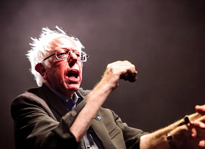 Image similar to publicity photo still of bernie sanders in a death metal band playing live on stage, 8 k, live concert lighting, mid shot