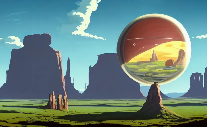 Image similar to a scary hyperrealist painting of a rocketship in a giant transparent forcefield crystal ball from howl's moving castle ( 2 0 0 4 ) in a flooded monument valley stonehenge jungle. depth perception, 4 k, artstation, in the style of studio ghibli