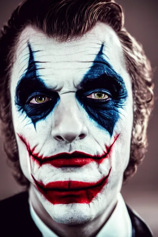 Prompt: a forward facing profile shot of a man wearing the joker makeup doing the kubrick stare 8k, hyperrealism, cinematic lighting
