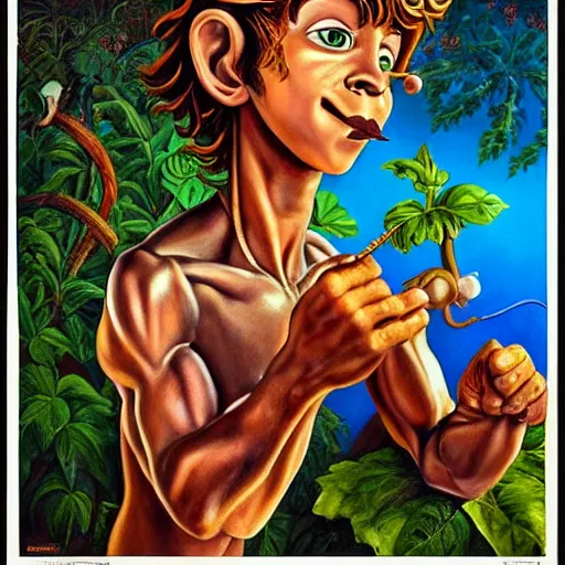 Image similar to beautiful lifelike painting of peter pan pinocchio dionysus, hyperreal detailed facial features and uv lighting, art by ed roth and basil wolverton