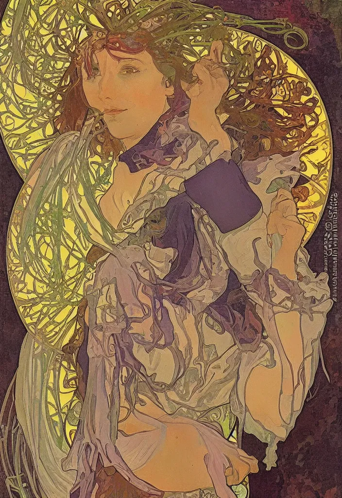 Image similar to Jurgen Schmidhuber on a tarot card, tarot in art style by Alphonse Mucha