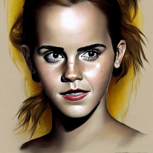 Image similar to Africa, beautiful portrait of Very funny actress Emma Watson like a ginger big red monkey, face like monkey with banana, Emma Watson actress blended monkey face paint, like , powerful , magic, thunders, dramatic lighting, intricate, wild, highly detailed, digital painting, artstation, concept art, smooth, sharp focus, illustration, art by artgerm and greg rutkowski and alphonse mucha, footage