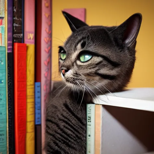 Prompt: cat waeting a hat on a bookshelf