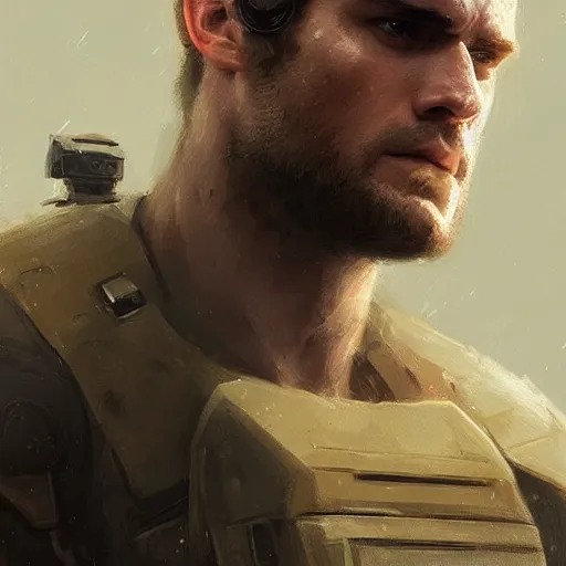 Image similar to portrait of a man by greg rutkowski, he looks like henry cavill with military short hair, wearing tactical gear of the galactic alliance, he is about 3 0 years old, highly detailed portrait, digital painting, artstation, concept art, smooth, sharp foccus ilustration, artstation hq