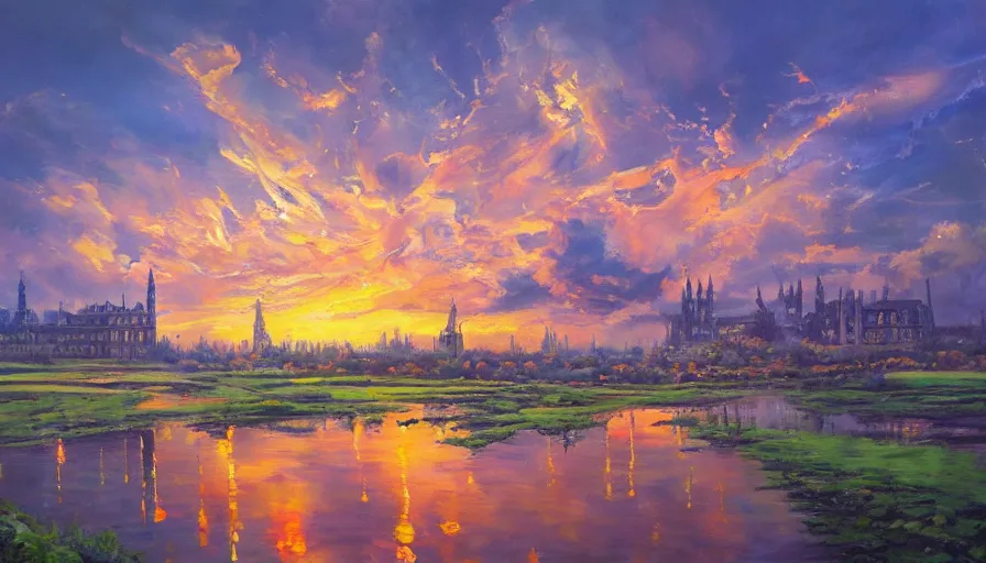 Prompt: Beautiful monumental mansion with fractal towers and spires, ribbon clouds, oil painting, hyperrealistic, sunset