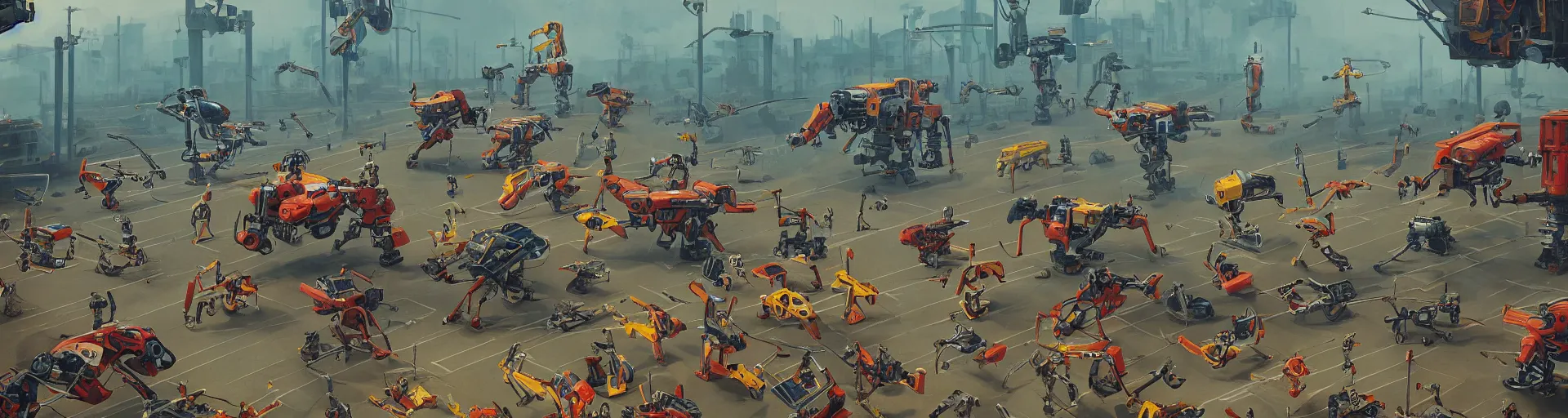 Image similar to fantastic robots fighting with each other in new zealand, dynamic scene, work in the style of simon stalenhag, 2 k