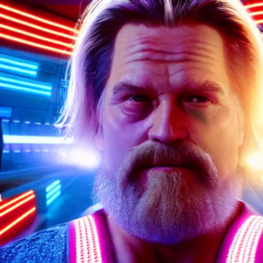 Image similar to dude lebowski dressed in bathrobe played by jeff bridges, stuck in tron realm, photorealistic movie still, detailed 8 k, poster style, high resolution