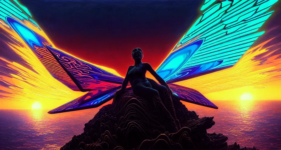 Image similar to psychedelic tron wings in front mind bending sunset, cliffside ocean scene, backlit, intricately aesthetic, surreal, diffuse lighting, hyper realistic, elegant, intricate, hyper detailed, smooth, sharp focus, concept art, illustration, trending on artstation, art by artem demura, greg rutkowski, james gurney, and alphonse mucha