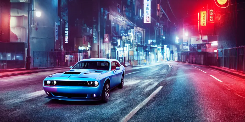 Prompt: dodge challenger with blood vinyil in the middle of a road on the night Tokyo, blue color grading, cinematic color grading , unreal 5, hyperrealistic, realistic, photorealistic, dynamic lighting, highly detailed, cinematic landscape, studio landscape, studio lighting