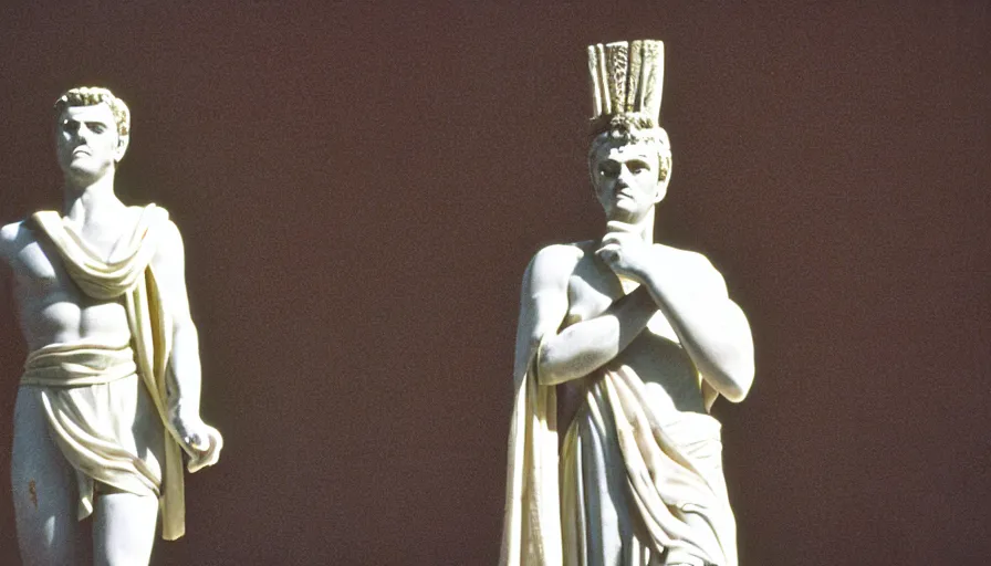 Image similar to 1 9 6 0 s movie still close - up of caligula in a white toga heavy bleed on ancient amphitheater, cinestill 8 0 0 t 3 5 mm, high quality, heavy grain, high detail, dramatic light, anamorphic, blood