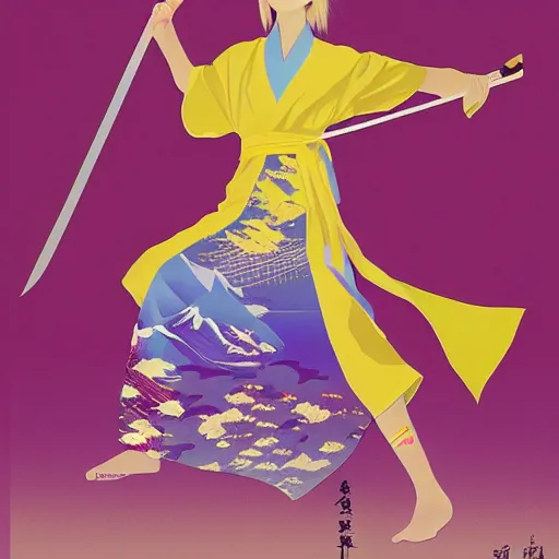 Prompt: breathtaking detailed pattern pastel colors, action scene from kill bill, with uma thurman ( kill bill ) in yellow kimono, swinging katana sword, and mt. fuji, by hsiao - ron cheng, exquisite detail, enhanced eye detail